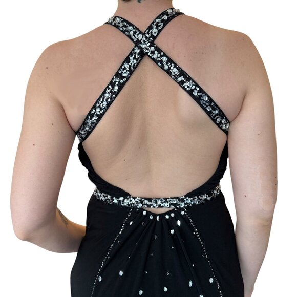 PROM Bridesmaid Gala Long Dress Black with Silver Sequins Greek Style Sheer 5/6 - Picture 3 of 9